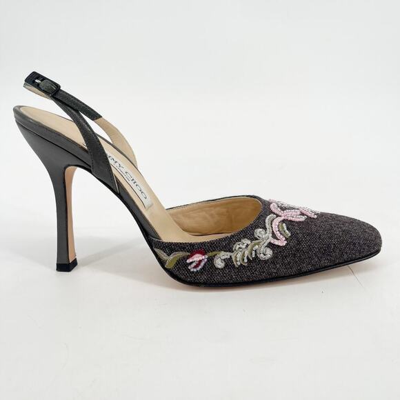 Vintage Jimmy Choo Gray Flannel Beaded Floral Embroidered Slingback Heel IT 38.5 - Picture 3 of 13
